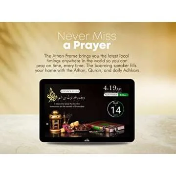 Masjidal 10" Digital Azan Clock with WiFi, Dynamic Touch Screen, Worldwide Prayer Times, Full Quran Player, Islamic Art, Streaming Halal Muslim Content: Duas, Dhikr, Hadith, Surah of The Day, Black