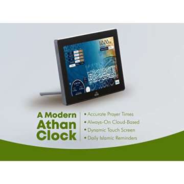 Masjidal 10" Digital Azan Clock with WiFi, Dynamic Touch Screen, Worldwide Prayer Times, Full Quran Player, Islamic Art, Streaming Halal Muslim Content: Duas, Dhikr, Hadith, Surah of The Day, Black