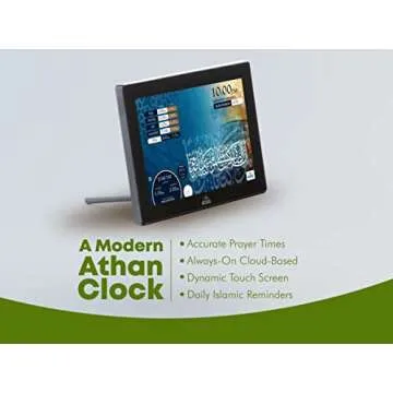 Masjidal 10" Digital Azan Clock with WiFi, Dynamic Touch Screen, Worldwide Prayer Times, Full Quran Player, Islamic Art, Streaming Halal Muslim Content: Duas, Dhikr, Hadith, Surah of The Day, Black