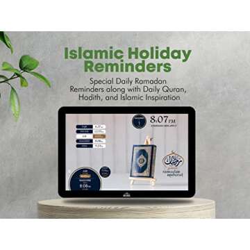Masjidal 10" Digital Azan Clock with WiFi, Dynamic Touch Screen, Worldwide Prayer Times, Full Quran Player, Islamic Art, Streaming Halal Muslim Content: Duas, Dhikr, Hadith, Surah of The Day, Black