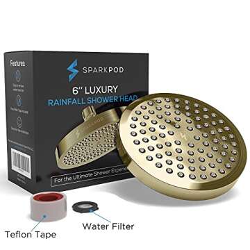 SparkPod Shower Head - High Pressure Rain - Premium Quality Luxury Design - 1-Min Install - Easy Clean Adjustable Replacement for Your Bathroom Shower Heads (Polished Antique Brass, 6 Inch Round)