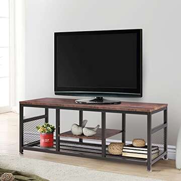 VECELO TV Stand for 55 Inch, Entertainment Center Media Console Table with Storage for Living Room and Bedroom, 47 Inch, Brown+Black