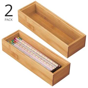 mDesign Wooden Bamboo Office Drawer Organizer Box Tray, Stackable Storage for Drawers, Cabinets, Shelves, Cubby, or Desktop, Hold Pens, Pencils, Supplies, Echo Collection, 2 Pack, Natural Wood Finish
