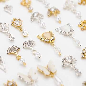 Noverlife 48PCS 3D Bow Nail Art Charms Rhinestones, Luxury Metal Crystal Diamonds with Pearls for Nail Design, Dazzling Heart Butterfly Pendant Gems for DIY Salon Manicure Decoration Jewelry Crafting