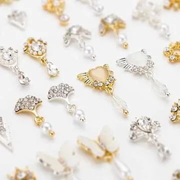 Noverlife 48PCS 3D Bow Nail Art Charms Rhinestones, Luxury Metal Crystal Diamonds with Pearls for Nail Design, Dazzling Heart Butterfly Pendant Gems for DIY Salon Manicure Decoration Jewelry Crafting