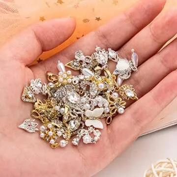 Noverlife 48PCS 3D Bow Nail Art Charms Rhinestones, Luxury Metal Crystal Diamonds with Pearls for Nail Design, Dazzling Heart Butterfly Pendant Gems for DIY Salon Manicure Decoration Jewelry Crafting