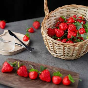 Rerialsaera 40Pcs Artificial Red Strawberries, Two Sizes of Fake Lifelike Fruit Plastic Strawberries...