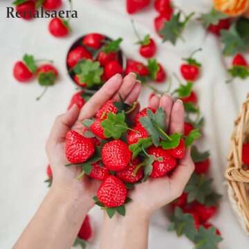 Rerialsaera 40Pcs Artificial Red Strawberries, Two Sizes of Fake Lifelike Fruit Plastic Strawberries for Photography Prop, Artificial Fruits Decoration for Home Kitchen Cabinet Party