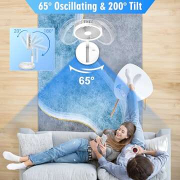 LIPETY 9" Portable Standing Oscillating Fan with Remote - 7200mAh Rechargeable Battery Tall Floor Foldable Travel Fan for Sleeping - Pedestal Stand Up Folding Bed Fan for Home Bedroom