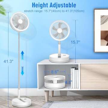 LIPETY 9" Portable Standing Oscillating Fan with Remote - 7200mAh Rechargeable Battery Tall Floor Foldable Travel Fan for Sleeping - Pedestal Stand Up Folding Bed Fan for Home Bedroom