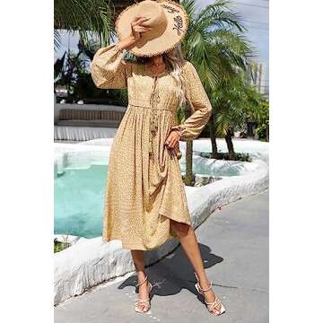 R.Vivimos Women's Long Sleeve Floral Print Retro V Neck Tassel Bohemian Midi Dresses (Large, Yellow)