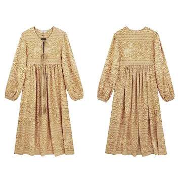 R.Vivimos Women's Long Sleeve Floral Print Retro V Neck Tassel Bohemian Midi Dresses (Large, Yellow)