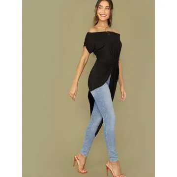 SheIn Women's Elegant Asymmetrical Twist Front Off Shoulder Top Plain High Low Blouse Black Small