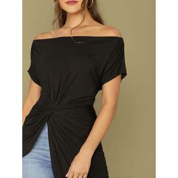 SheIn Women's Elegant Asymmetrical Twist Front Off Shoulder Top Plain High Low Blouse Black Small