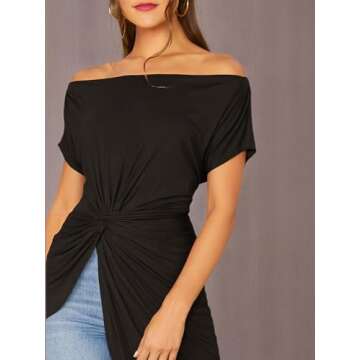SheIn Women's Elegant Asymmetrical Twist Front Off Shoulder Top Plain High Low Blouse Black Small