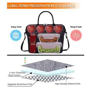 Leakproof Insulated Lunch Tote Bag with Adjustable & Removable Shoulder Strap, Durable Reusable lunch Box Container for Women/Men/Kids/Picnic/Work/School-Black