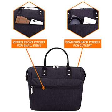 Leakproof Insulated Lunch Tote Bag with Adjustable & Removable Shoulder Strap, Durable Reusable lunch Box Container for Women/Men/Kids/Picnic/Work/School-Black