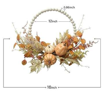 Floribus Autumn Wood Bead Pumpkin Fall Wreath for Front Door Wreath, 12" Pumpkin and Berries Wreath for Farmhouse Wall Thanksgiving, Fall Season Decor