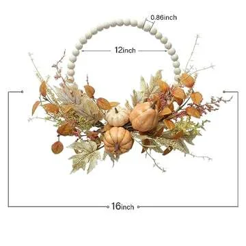 Floribus Autumn Wood Bead Pumpkin Fall Wreath for Front Door Wreath, 12" Pumpkin and Berries Wreath for Farmhouse Wall Thanksgiving, Fall Season Decor