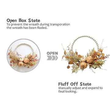 Floribus Autumn Wood Bead Pumpkin Fall Wreath for Front Door Wreath, 12" Pumpkin and Berries Wreath for Farmhouse Wall Thanksgiving, Fall Season Decor