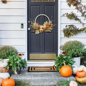 Floribus Autumn Wood Bead Pumpkin Fall Wreath for Front Door Wreath, 12" Pumpkin and Berries Wreath for Farmhouse Wall Thanksgiving, Fall Season Decor