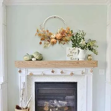 Floribus Autumn Wood Bead Pumpkin Fall Wreath for Front Door Wreath, 12" Pumpkin and Berries Wreath for Farmhouse Wall Thanksgiving, Fall Season Decor