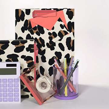 Kate Spade New York Leopard Print A4 Clipboard Folio with Low Profile Clip, Professional Padfolio Includes Lined Notepad, Pen Loop, and Pocket, Forest Feline