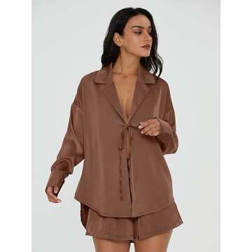DEEP SELF Pj Set for Women Silk Two Piece Sleepwear Pajamas Comfy Lightweight Cozy Satin Loungewear Pjs Short Sets (Brown, Medium)