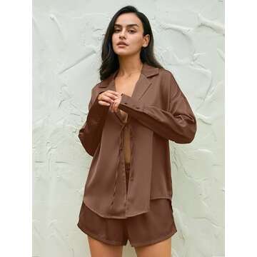 DEEP SELF Pj Set for Women Silk Two Piece Sleepwear Pajamas Comfy Lightweight Cozy Satin Loungewear Pjs Short Sets (Brown, Medium)