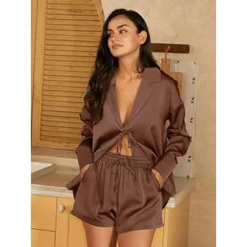 DEEP SELF Pj Set for Women Silk Two Piece Sleepwear Pajamas Comfy Lightweight Cozy Satin Loungewear Pjs Short Sets (Brown, Medium)