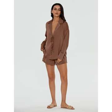 DEEP SELF Pj Set for Women Silk Two Piece Sleepwear Pajamas Comfy Lightweight Cozy Satin Loungewear Pjs Short Sets (Brown, Medium)