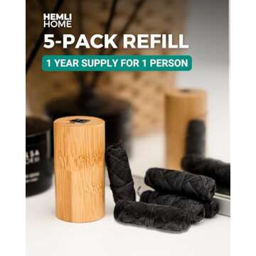 Bamboo Charcoal Dental Floss Refills, Bambo Woven Fibres, 5 x 33 Yards, Organic Refillable Dental Floss, Natural Floss, Eco-Friendly Floss. Plant-Based Candelilla Wax Floss with Natural Mint Flavoring