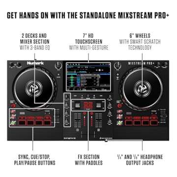 Numark Mixstream Pro+ DJ Controller with Stem Separation, 2 Decks, Wi-Fi Streaming, Mixer, 7" Touchscreen, Speakers, works with Serato and Virtual DJ