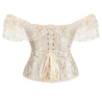 SHYMMUO Women's Lace Sleeved Beige Corset Top Satin Boned Overbust Corset Lingerie Set Medium