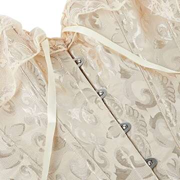 SHYMMUO Women's Lace Sleeved Beige Corset Top Satin Boned Overbust Corset Lingerie Set Medium
