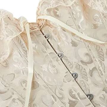 SHYMMUO Women's Lace Sleeved Beige Corset Top Satin Boned Overbust Corset Lingerie Set Medium