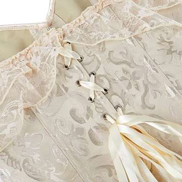 SHYMMUO Women's Lace Sleeved Beige Corset Top Satin Boned Overbust Corset Lingerie Set Medium