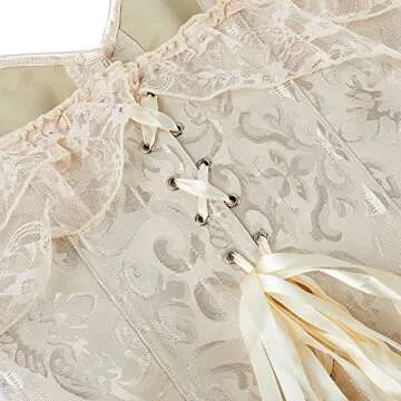 SHYMMUO Women's Lace Sleeved Beige Corset Top Satin Boned Overbust Corset Lingerie Set Medium