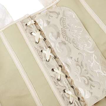 SHYMMUO Women's Lace Sleeved Beige Corset Top Satin Boned Overbust Corset Lingerie Set Medium