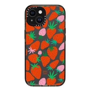 CASETiFY Impact Case for iPhone 15 [4X Military Grade Drop Tested / 8.2ft Drop Protection] - Pattern Prints - Strawberries - Clear Black