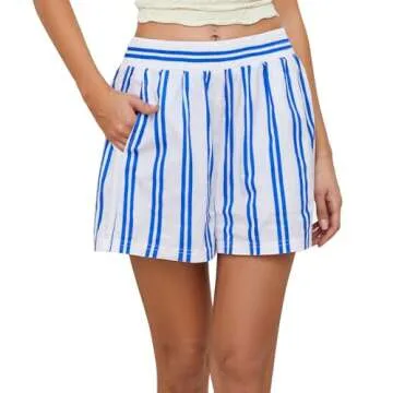 calbatic Women Striped Boxer Shorts Elastic High Rise Pajama Bottoms Shorts Casual Lounge Shorts with Pockets Sleepwear Blue