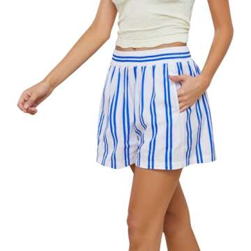 calbatic Women Striped Boxer Shorts Elastic High Rise Pajama Bottoms Shorts Casual Lounge Shorts with Pockets Sleepwear Blue