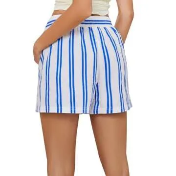 calbatic Women Striped Boxer Shorts Elastic High Rise Pajama Bottoms Shorts Casual Lounge Shorts with Pockets Sleepwear Blue