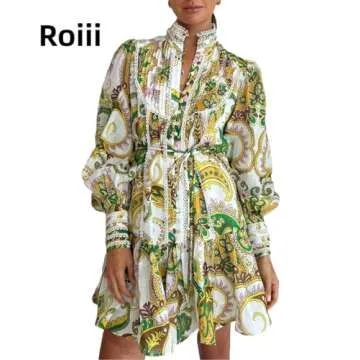 Roiii Women A-Line Lace Loose Baroque Button Down Long Sleeve Casual Dresses V Neck Embroidery Party...