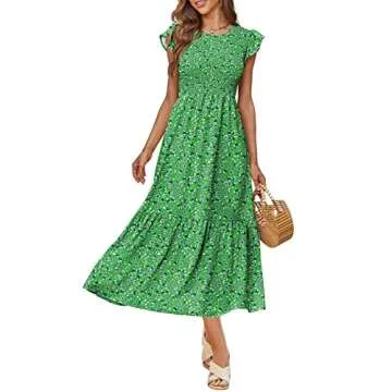 OFEEFAN Womens Easter Dress Spring Dresses 2025 Tiered Dress Midi Dress Green Floral S