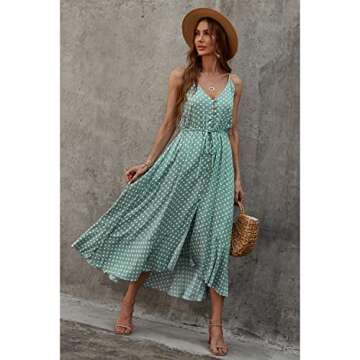 BROVAVE Women's 2025 Summer Casual Boho Sundress Polka Dot Spaghetti Strap V Neck Flowy Midi Dresses(008 Green, X-Large)