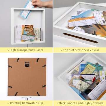 MUXIUNT Travel Adventure Challenge Archive Shadow Box Picture Frame With Slot,8&12In Travel Ticket Card Memory Box For Keepsake Box, Top Loading Shadow Box Display Case Travel decor Gift (White,12x12)