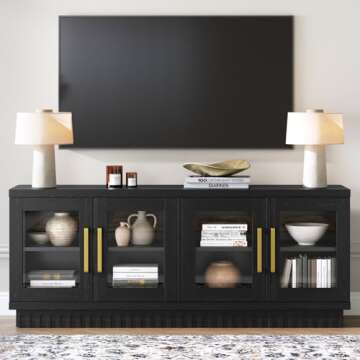 Baztin TV Stand, Entertainment Center with Storage Cabinet for 50/55/60/65 inch TV, Contemporary Modern TV Cabinet Media Console Table with Glass Doors for Living Room Bedroom, Smoked Black Oak