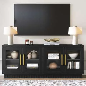 Baztin TV Stand, Entertainment Center with Storage Cabinet for 50/55/60/65 inch TV, Contemporary Modern TV Cabinet Media Console Table with Glass Doors for Living Room Bedroom, Smoked Black Oak