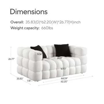 Alberobelo 62" Cloud Couch Boucle Sofa Small Loveseat Couch with Solid Wood Frame Sofa & 2 Throw Pil...
